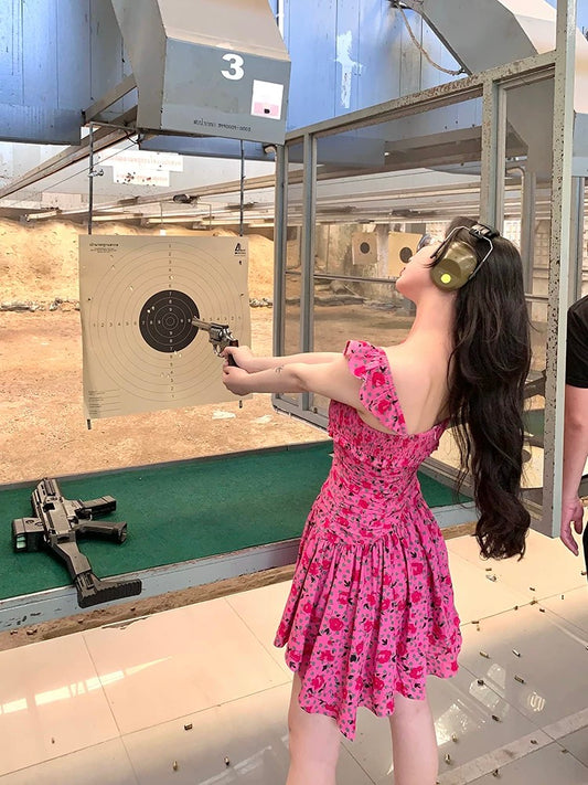 Lujin homemade "Wild Berry Sniper" 100 cotton white print spring and summer short rose red dress female waist
