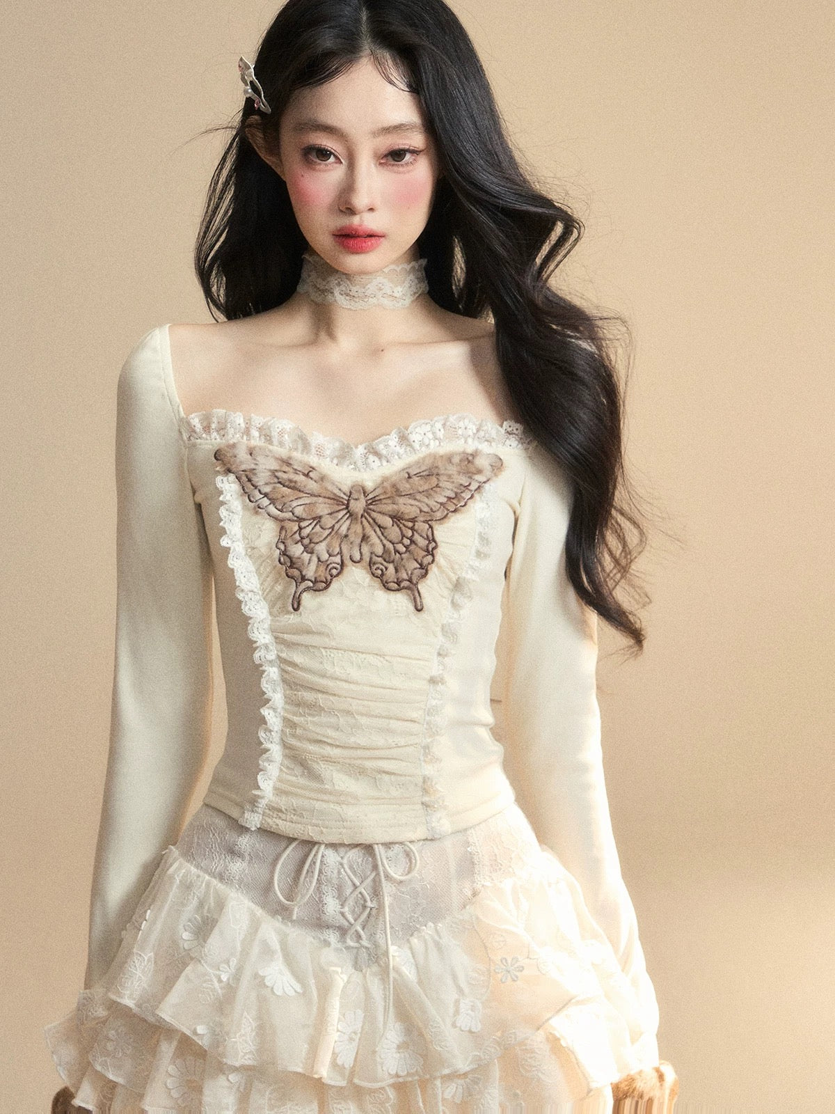 Shao Ye Yan Fa Tian Xiang Song Straight Shoulder Long Sleeve Lace Embroidery T-shirt Women Spring and Summer Waist Slimming Knitted Sexy Top