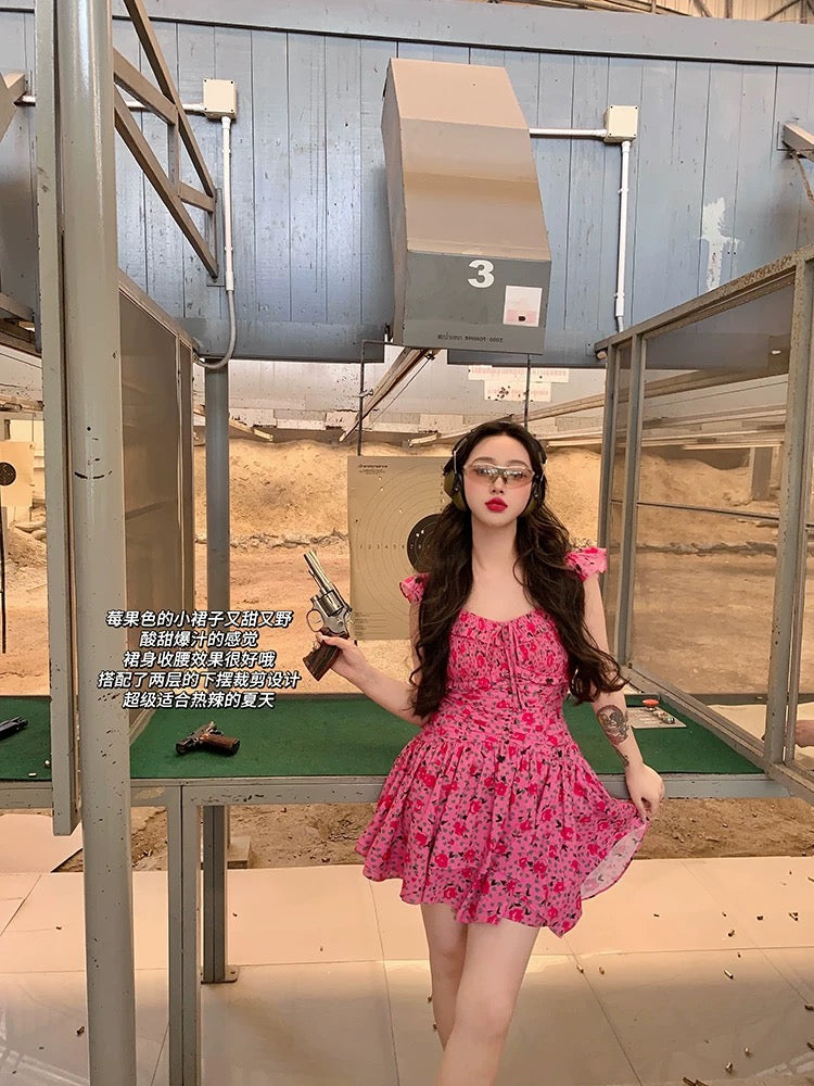 Lujin homemade "Wild Berry Sniper" 100 cotton white print spring and summer short rose red dress female waist