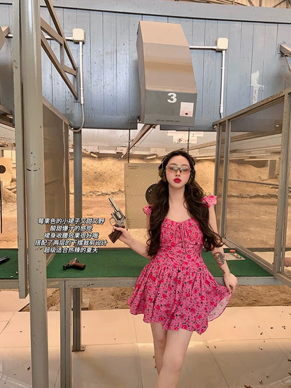 Lujin homemade "Wild Berry Sniper" 100 cotton white print spring and summer short rose red dress female waist