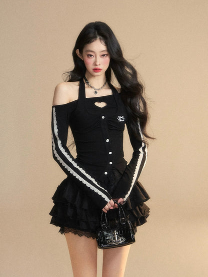 Shao Ye Yan Blackberry Liquor One Shoulder American Lace Halter T-shirt Women's Spring Long Sleeve Slim Off Shoulder Hot Girl Top