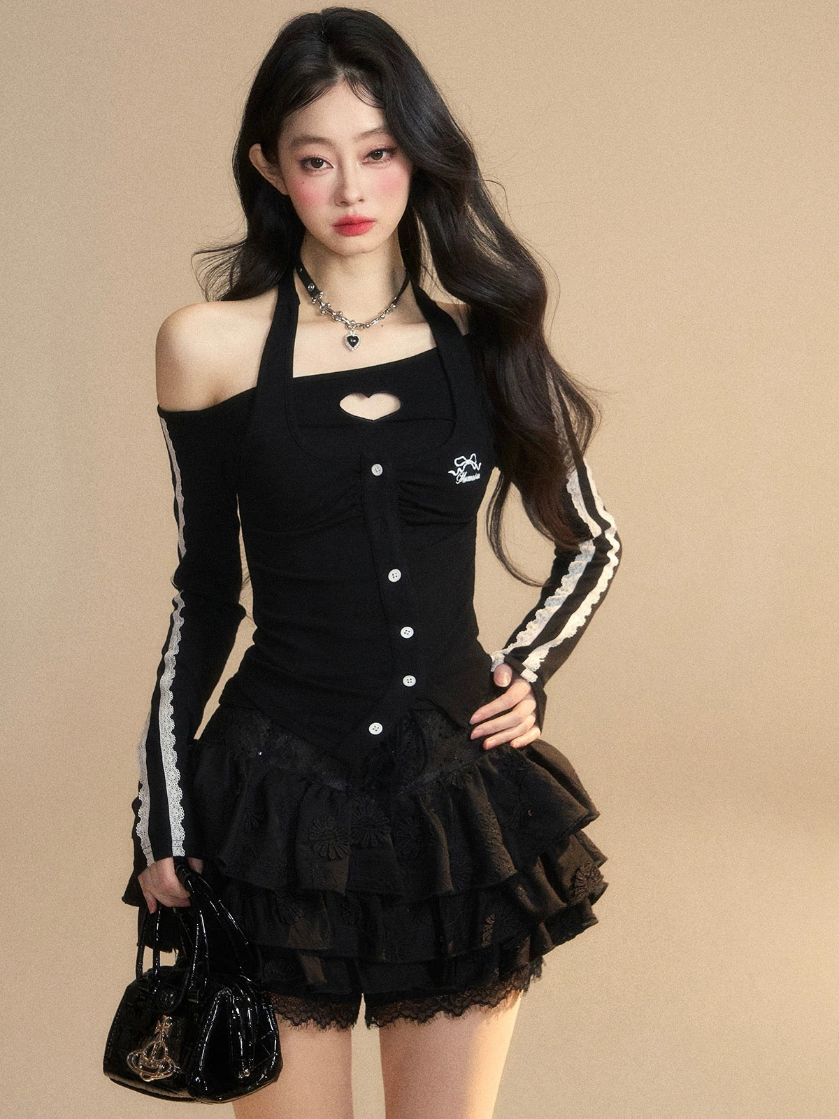 Shao Ye Yan Blackberry Liquor One Shoulder American Lace Halter T-shirt Women's Spring Long Sleeve Slim Off Shoulder Hot Girl Top