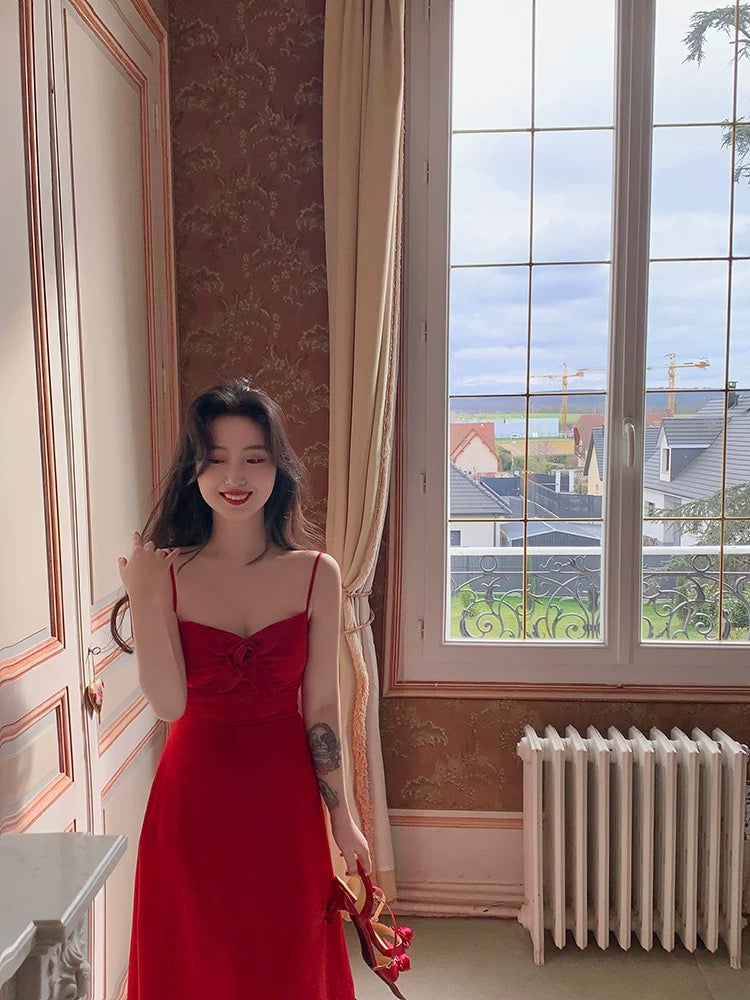 Lujin homemade "French Kiss" Rouge retro wine red sling style small dress design dress for women