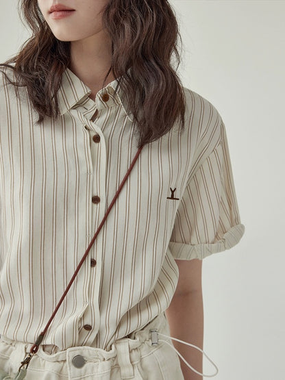 "Beijima AMUU" French casual polo collar striped embroidered shirt summer women's loose and versatile lapel shirt
