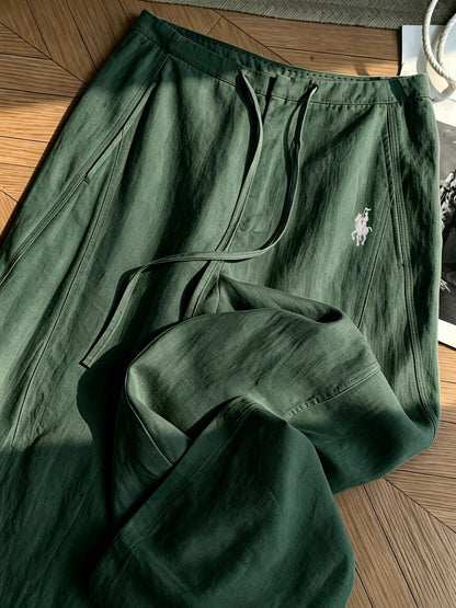 Women's "Old Money" Style Linen Casual Trousers with Small Horse Embroidery – Early Autumn Premium Loose-Fit Straight-Leg Wide-Leg Pants with a Fluid Drape
