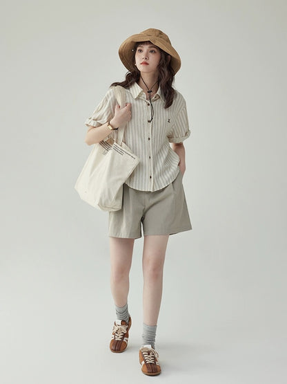 "Beijima AMUU" French casual polo collar striped embroidered shirt summer women's loose and versatile lapel shirt