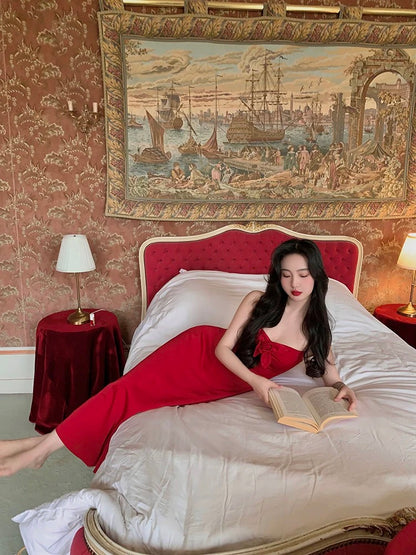 Lujin homemade "French Kiss" Rouge retro wine red sling style small dress design dress for women