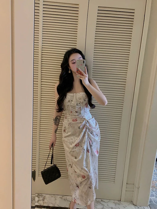 Lujin homemade "Ode to the Goddess" velvet retro palace style sling print floral girl dress