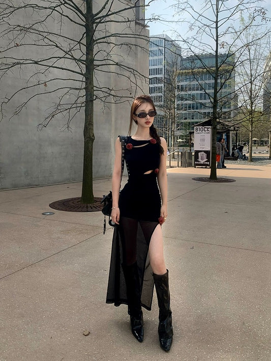 NIMOWANG Black Hot Girl Dress Women's Summer Slim Slim Mesh Skirt High-end Style Thousands of Skirts