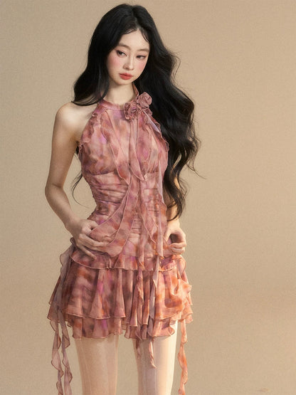 Janice's Garden French halter dress for women in summer with slim waist and sexy a-line miniskirt