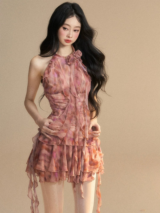 Janice's Garden French halter dress for women in summer with slim waist and sexy a-line miniskirt
