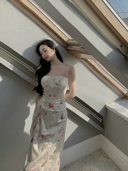 Lujin homemade "Ode to the Goddess" velvet retro palace style sling print floral girl dress