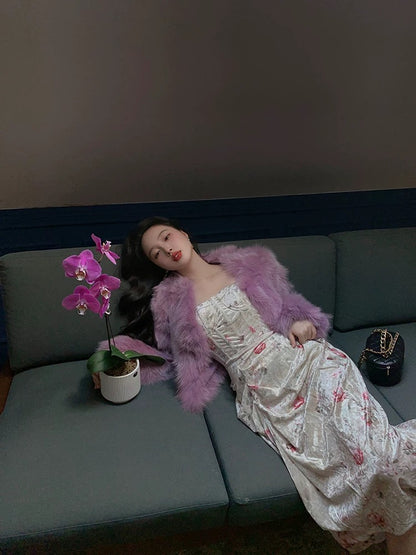 Lujin homemade "Ode to the Goddess" velvet retro palace style sling print floral girl dress