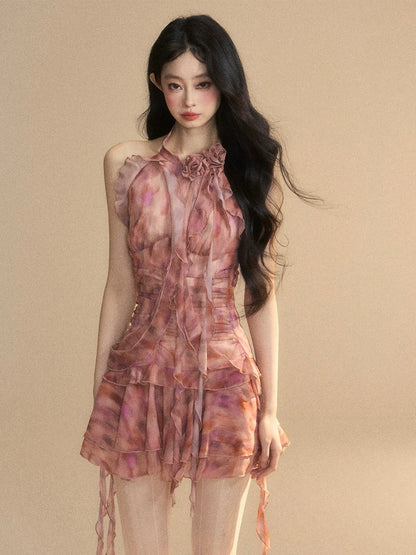 Janice's Garden French halter dress for women in summer with slim waist and sexy a-line miniskirt