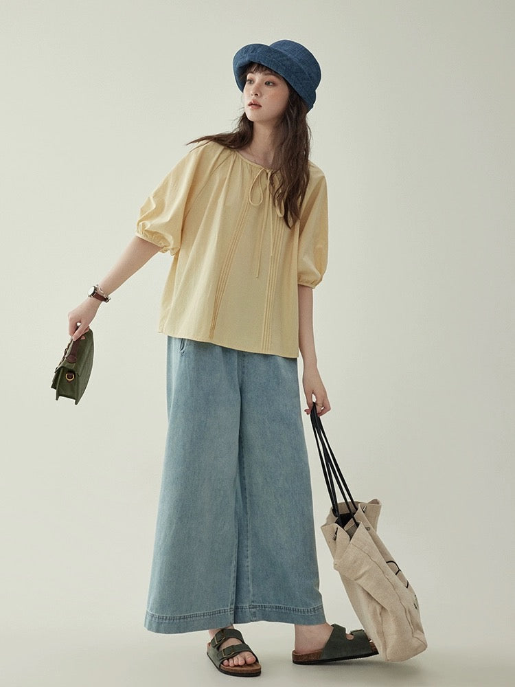 "Beijima AMUU Original" Designed Lace Puff Sleeve Shirt Women's Summer Round Neck Loose Short Sleeve Top