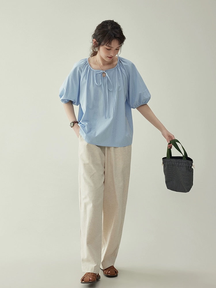 "Beijima AMUU Original" Designed Lace Puff Sleeve Shirt Women's Summer Round Neck Loose Short Sleeve Top