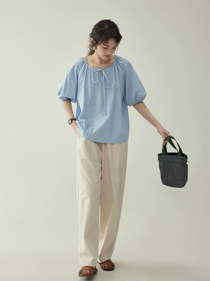 "Beijima AMUU Original" Designed Lace Puff Sleeve Shirt Women's Summer Round Neck Loose Short Sleeve Top