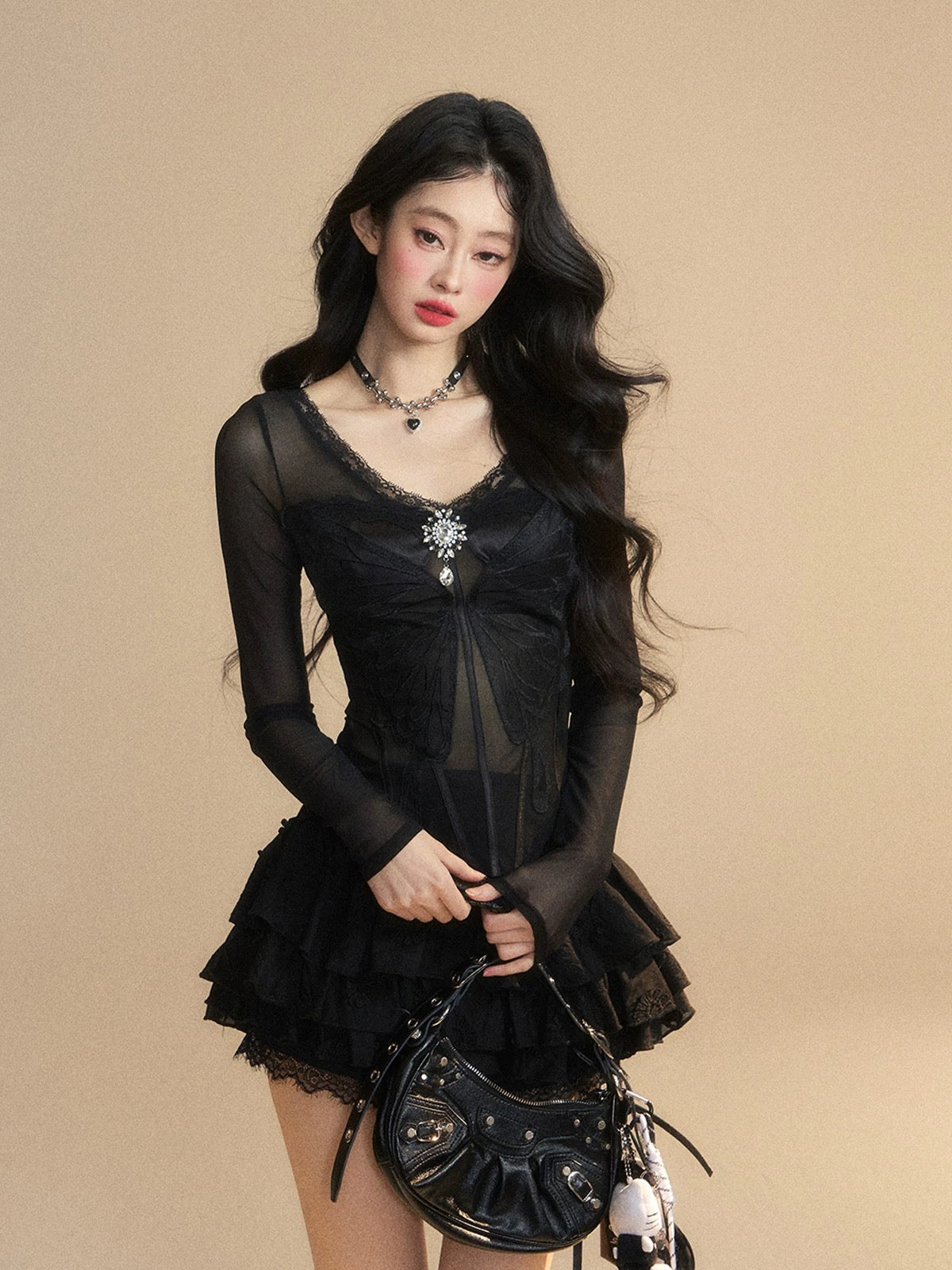 Shao Ye Yan Australian Cranberry Lace Shoulder Mesh T-shirt Women's Summer Long Sleeve Slim V-neck Sexy Hot Girl Top