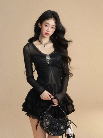 Shao Ye Yan Australian Cranberry Lace Shoulder Mesh T-shirt Women's Summer Long Sleeve Slim V-neck Sexy Hot Girl Top