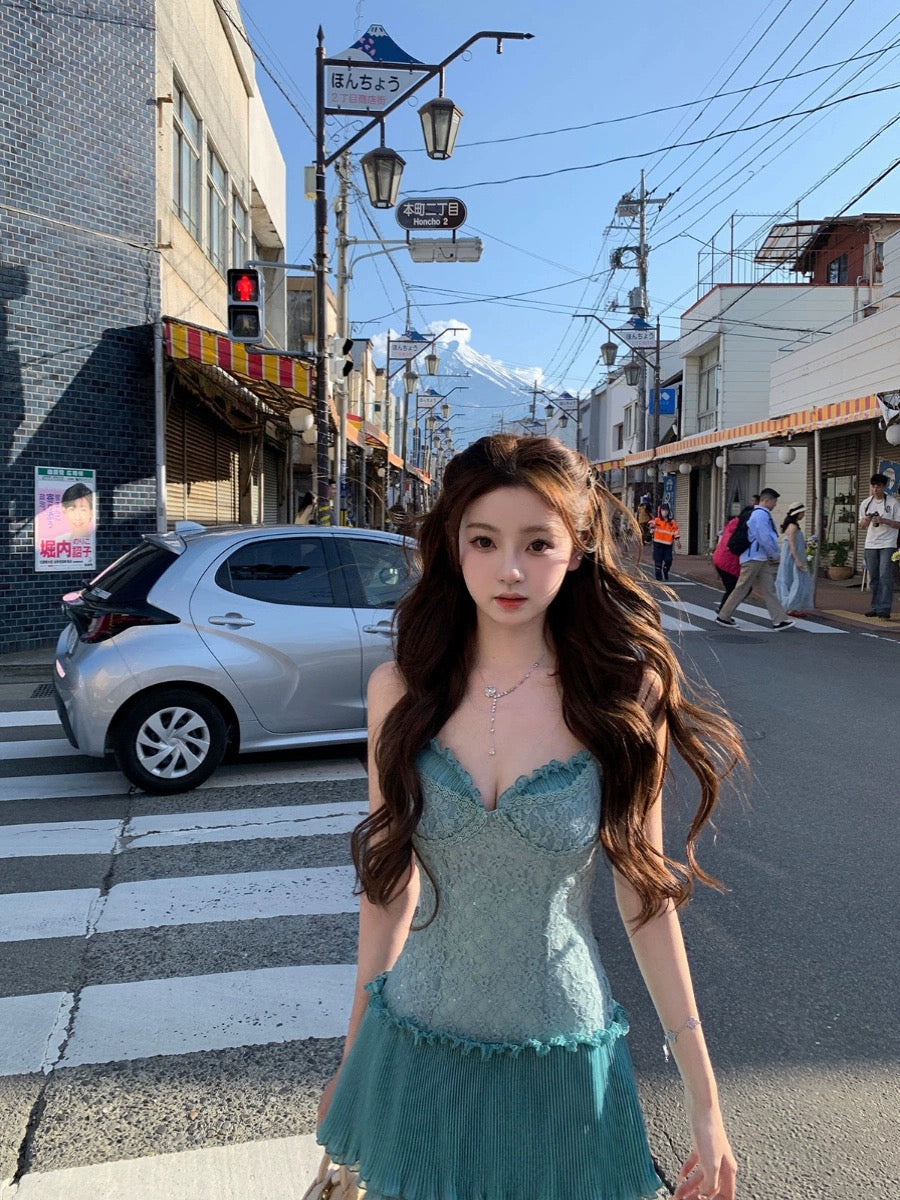 Your lazy llan [pine resin jade] lace suspender skirt women's dress women's two colors 2024 summer new style