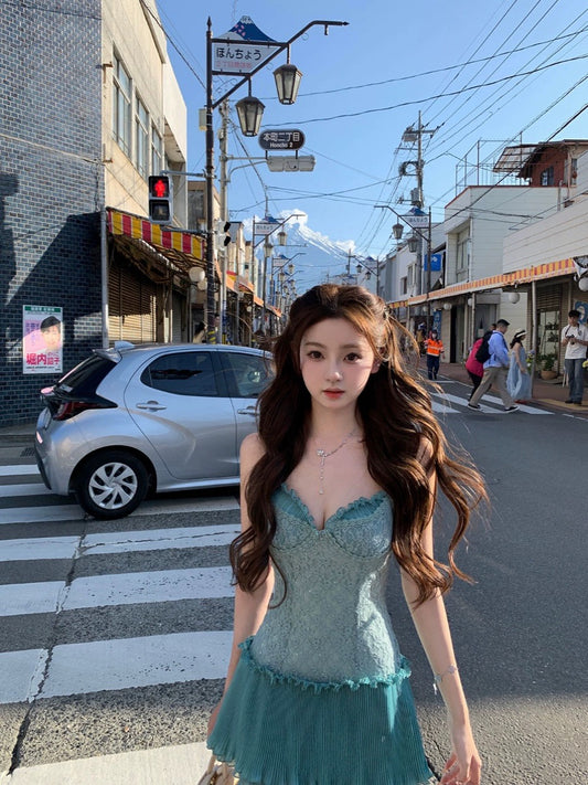 Your lazy llan [pine resin jade] lace suspender skirt women's dress women's two colors 2024 summer new style