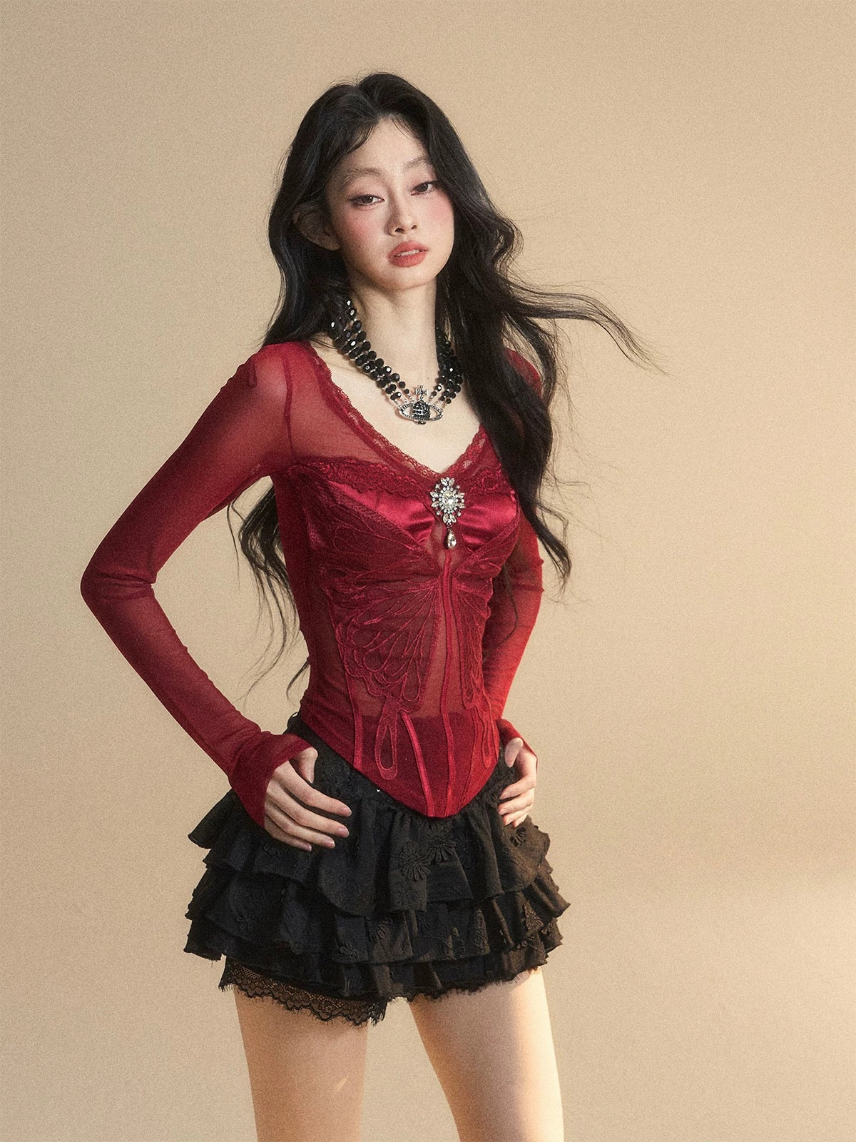 Shao Ye Yan Australian Cranberry Lace Shoulder Mesh T-shirt Women's Summer Long Sleeve Slim V-neck Sexy Hot Girl Top