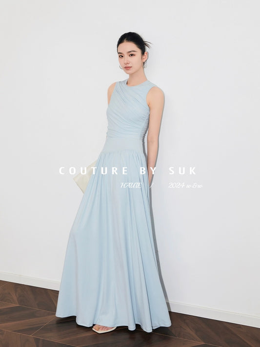 SUK Hymn to Athena! Knitted Slimming Round Neck Spliced Long Dress Women's Versatile Slimming Goddess Dress
