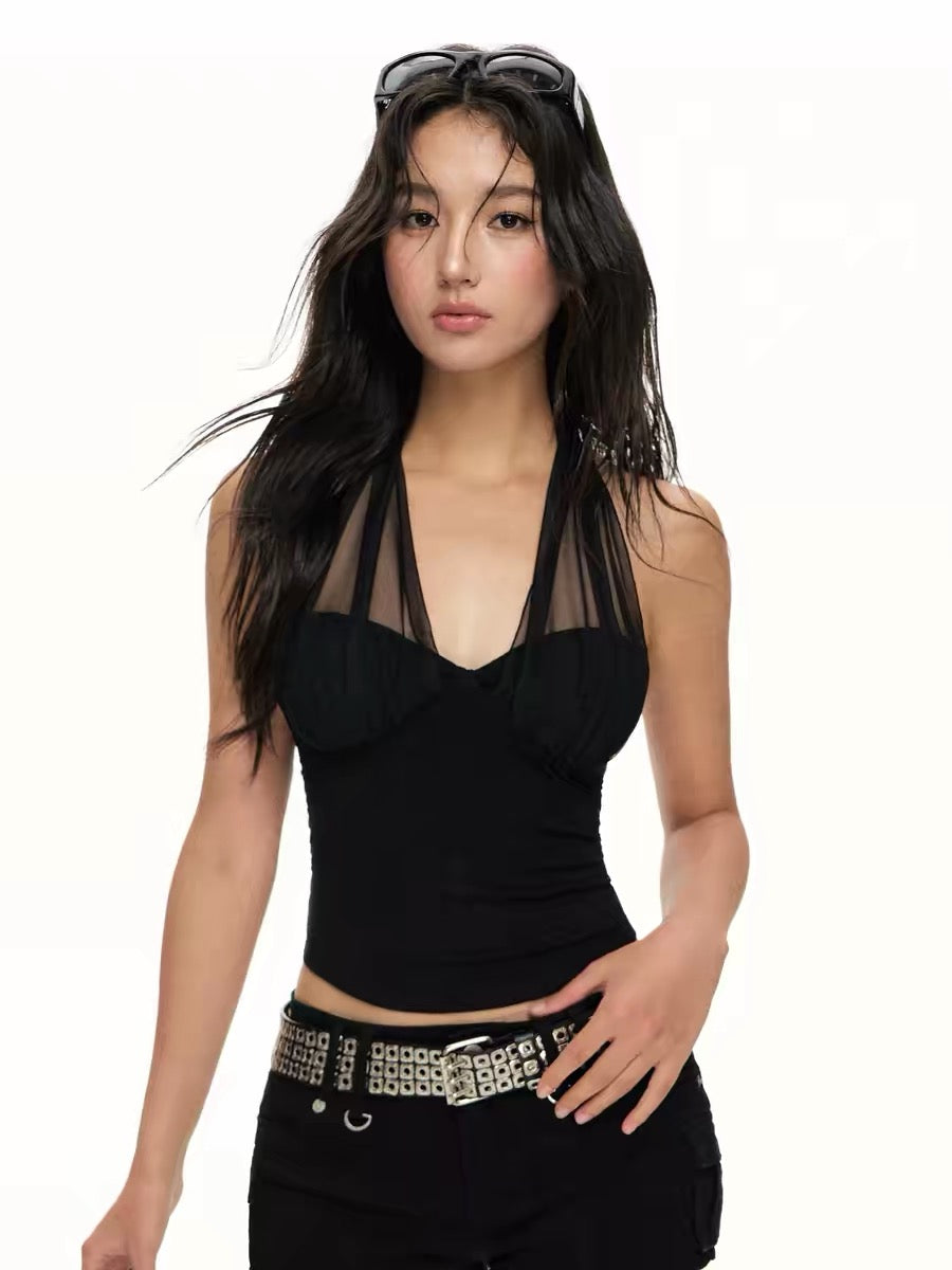 Ariseism American Retro Design Knitted Mesh Halter Neck Tank Top for Women, New Summer Slim Fit