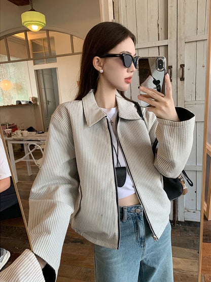Korean double-sided retro striped long-sleeved jacket for women early autumn new niche loose jacket short baseball uniform trendy