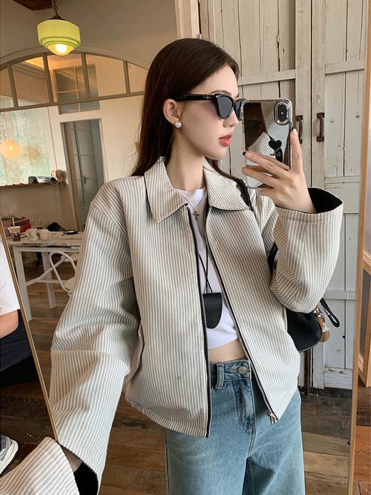 Korean double-sided retro striped long-sleeved jacket for women early autumn new niche loose jacket short baseball uniform trendy