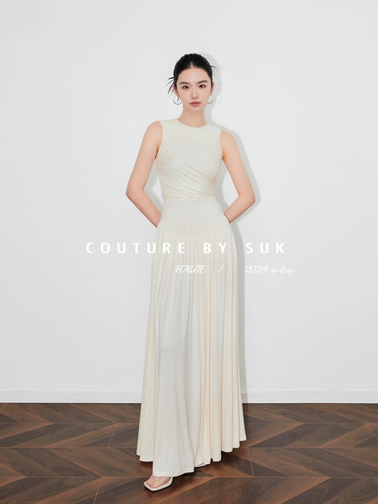 SUK Hymn to Athena! Knitted Slimming Round Neck Spliced Long Dress Women's Versatile Slimming Goddess Dress