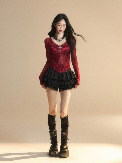 Shao Ye Yan Australian Cranberry Lace Shoulder Mesh T-shirt Women's Summer Long Sleeve Slim V-neck Sexy Hot Girl Top