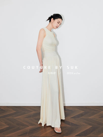 SUK Hymn to Athena! Knitted Slimming Round Neck Spliced Long Dress Women's Versatile Slimming Goddess Dress