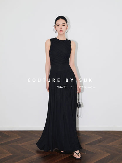 SUK Hymn to Athena! Knitted Slimming Round Neck Spliced Long Dress Women's Versatile Slimming Goddess Dress