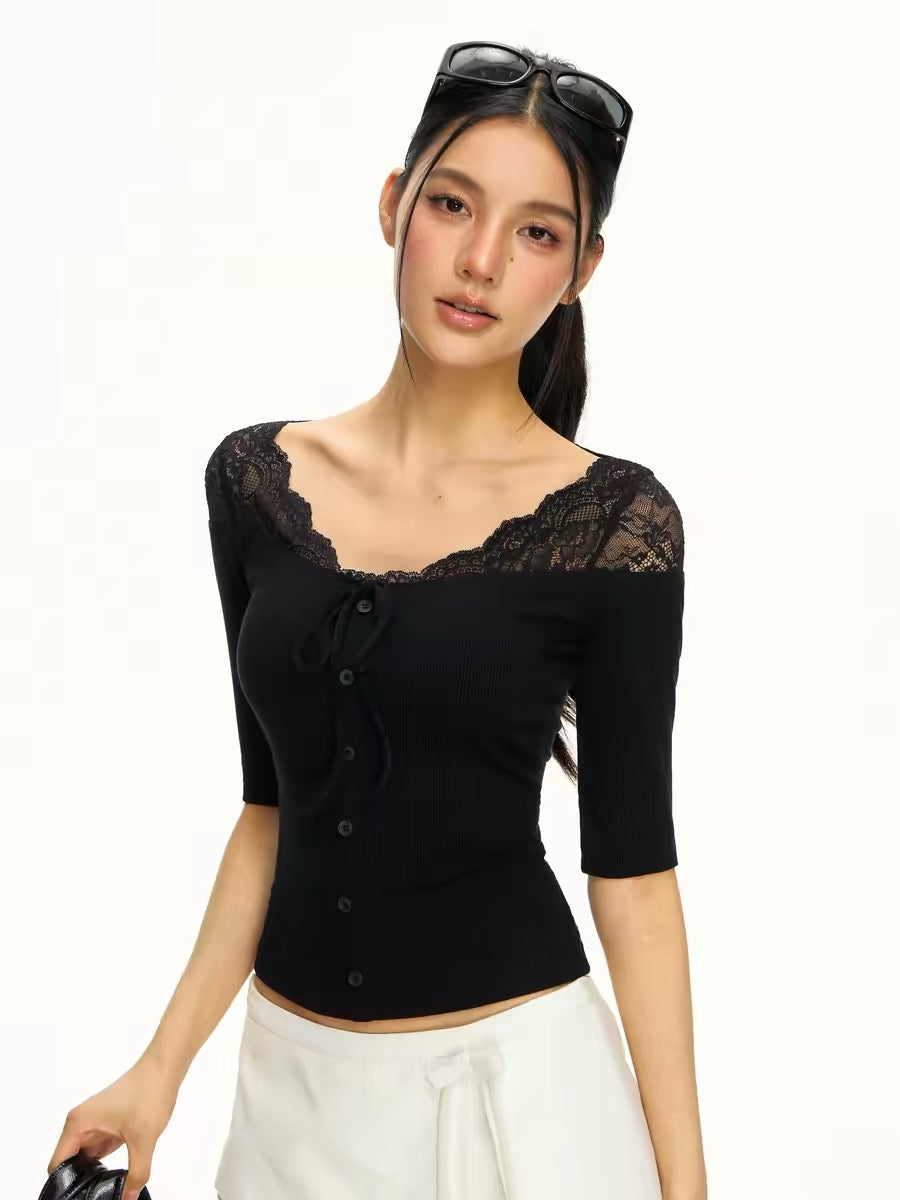 Ariseism American Retro Neckline Lace Trim Mid-Sleeve T-Shirt Women's Summer New Slim Fit Top