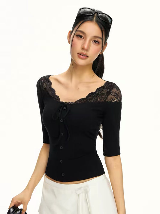 Ariseism American Retro Neckline Lace Trim Mid-Sleeve T-Shirt Women's Summer New Slim Fit Top