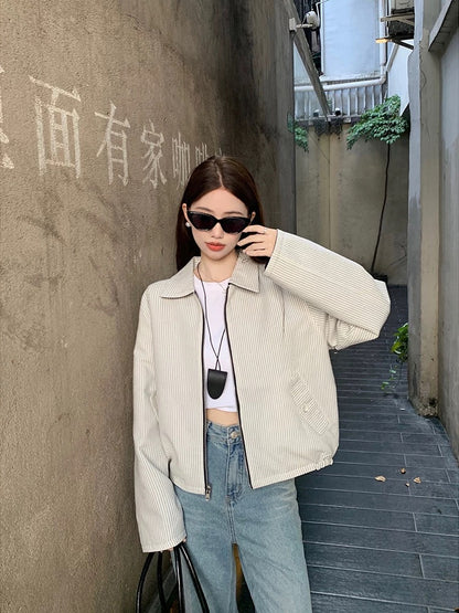 Korean double-sided retro striped long-sleeved jacket for women early autumn new niche loose jacket short baseball uniform trendy