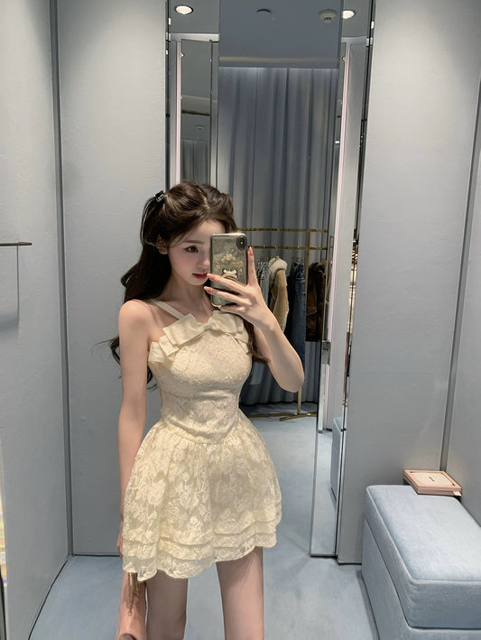Your lazy llan windblown magnolia two-color lace bow New Year's shirt dress spring and summer women