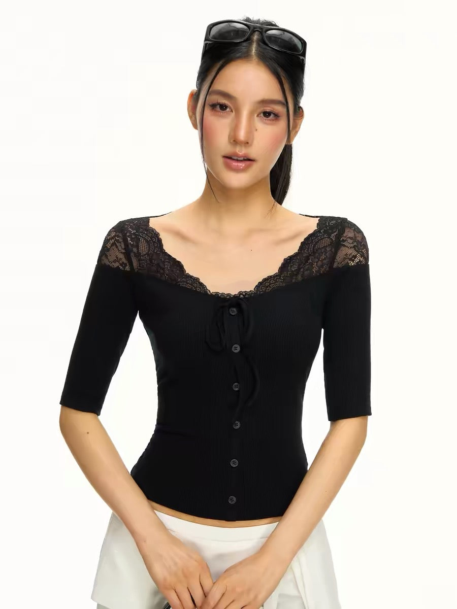 Ariseism American Retro Neckline Lace Trim Mid-Sleeve T-Shirt Women's Summer New Slim Fit Top