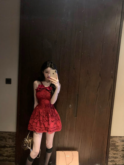 Your lazy llan windblown magnolia two-color lace bow New Year's shirt dress spring and summer women