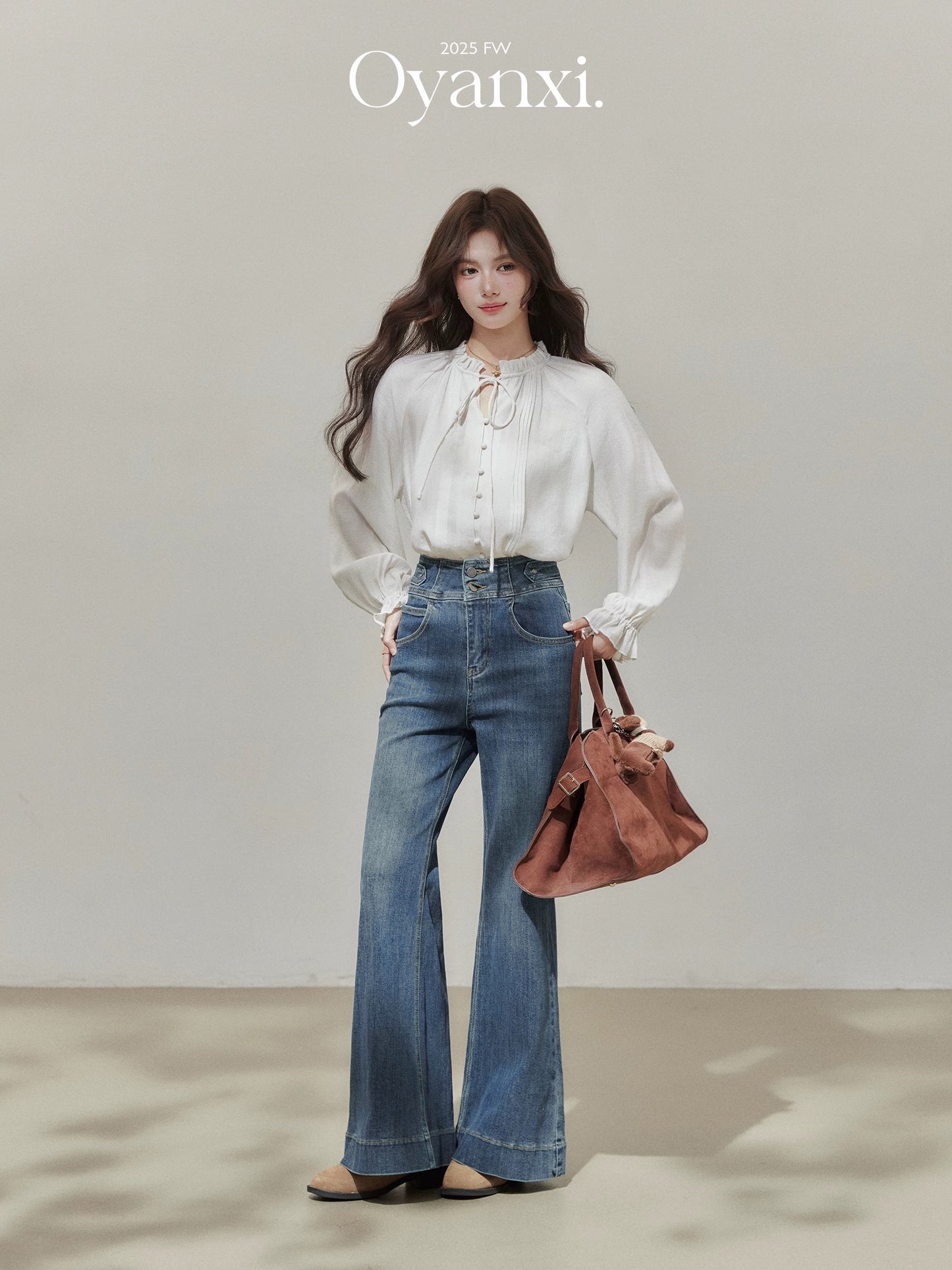 Ouyang Xi "Champs Elysees" bow tie long-sleeved shirt women's loose ruffled round neck cardigan top