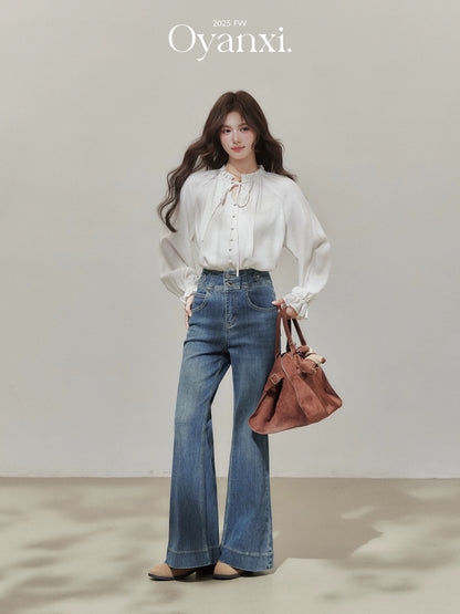 Ouyang Xi "Champs Elysees" bow tie long-sleeved shirt women's loose ruffled round neck cardigan top
