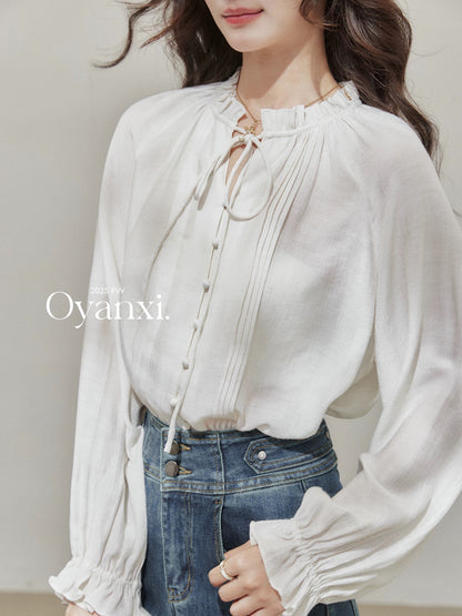 Ouyang Xi "Champs Elysees" bow tie long-sleeved shirt women's loose ruffled round neck cardigan top