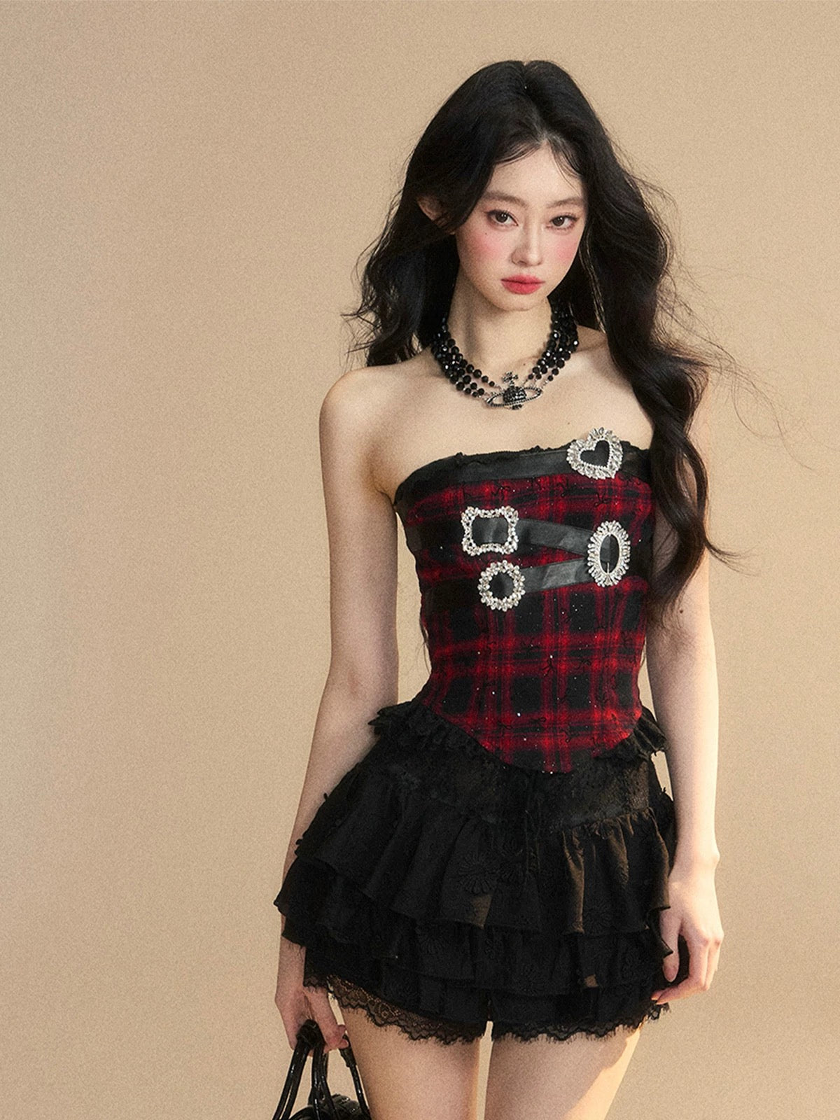 Shao Yeyan Blackberry Muse One-shoulder lace plaid hot girl T-shirt female summer short slim tube top