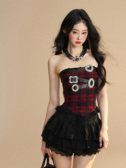 Shao Yeyan Blackberry Muse One-shoulder lace plaid hot girl T-shirt female summer short slim tube top