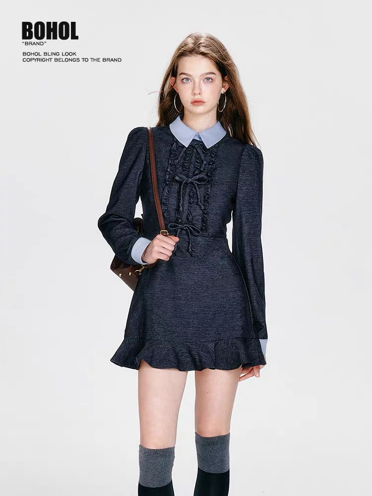 BOHOLBLING mint not cool miu style contrasting shirt collar bow tie earrings temperament waist dress