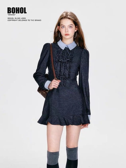 BOHOLBLING mint not cool miu style contrasting shirt collar bow tie earrings temperament waist dress