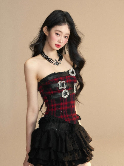 Shao Yeyan Blackberry Muse One-shoulder lace plaid hot girl T-shirt female summer short slim tube top