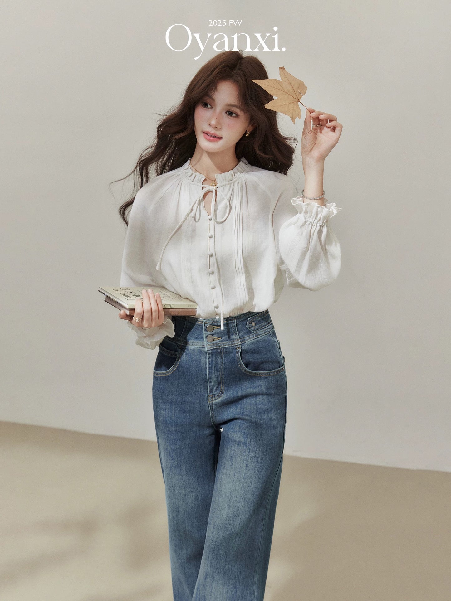 Ouyang Xi "Champs Elysees" bow tie long-sleeved shirt women's loose ruffled round neck cardigan top