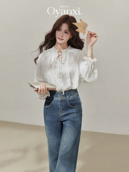 Ouyang Xi "Champs Elysees" bow tie long-sleeved shirt women's loose ruffled round neck cardigan top